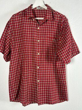 Lacoste Mens Red Plaid Short Sleeve Button-Up Shirt Lightweight Made in France